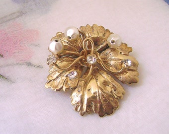 Vintage Gold Wash Pearl Rhinestone Pansy Flower Brooch Signed Austria