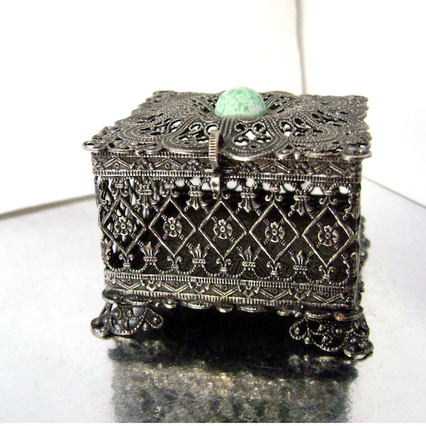 Vintage Czech Filigree Jeweled Small Vanity Trinket Ring Box