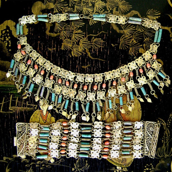 Art Deco Egyptian Revival Festoon Necklace and Bracelet Faux Coral Turquoise Gold Tone Filigree