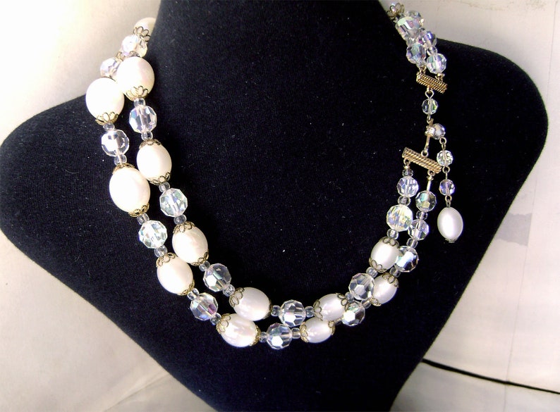 Vintage Marvella Necklace Crystal AB and White Moonglow Lucite 2 Strand 1960s image 6