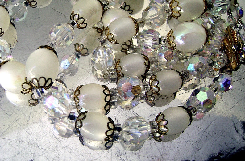 Vintage Marvella Necklace Crystal AB and White Moonglow Lucite 2 Strand 1960s image 3