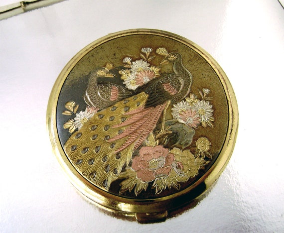 Vintage  EISHO Gold Tone Compact Enamel Peacocks … - image 1