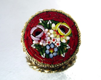 Vintage Micro Mosaic Florentine Small Round Flower Brooch Signed Italy