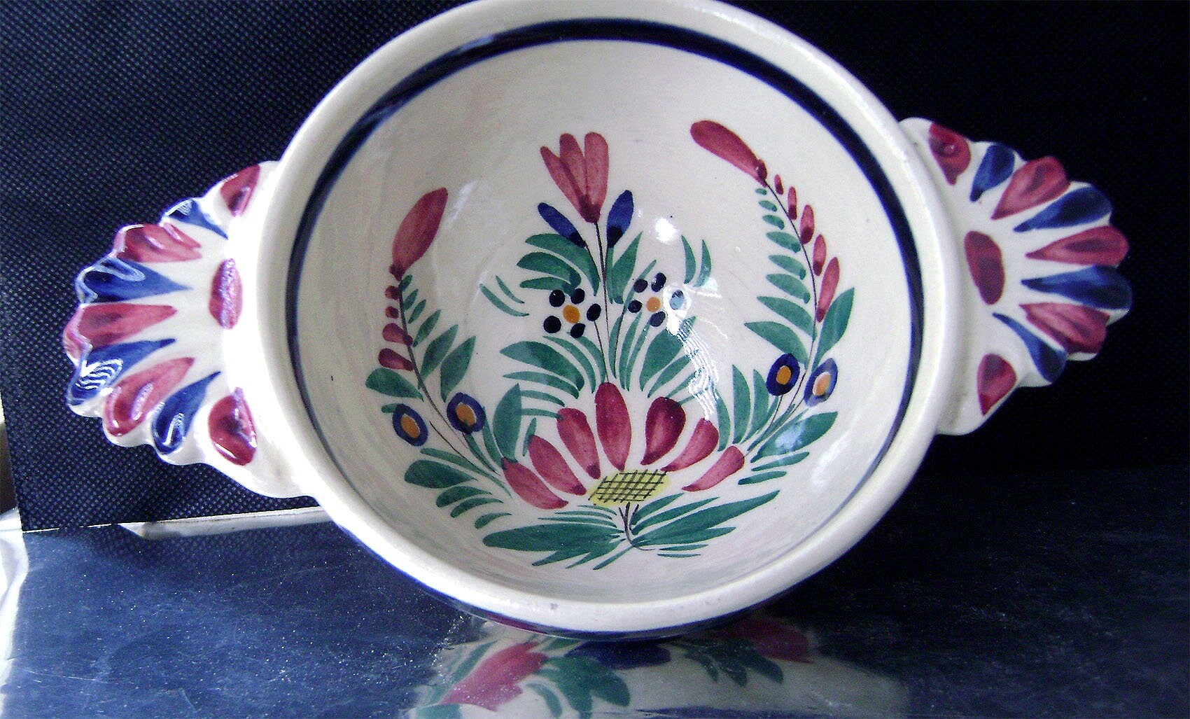 Pattern Faience Vintage HB Quimper French Faience Lug Handled Bowl Hand Painted Fleuri ...