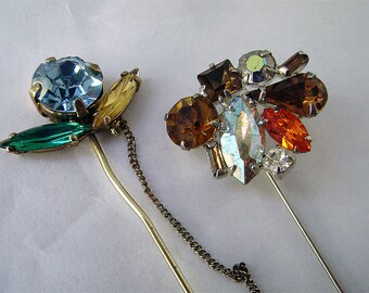 2 Vintage Multi Color Rhinestone Stick Brooch Hat Pins