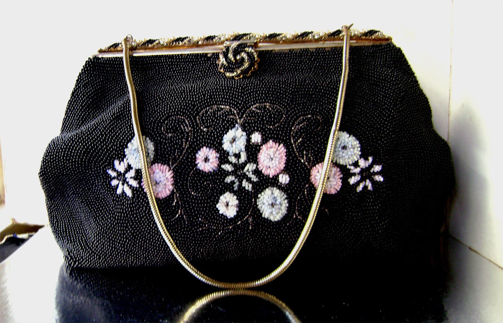 1950's French Black Beaded Evening Bag With Cameos at 1stDibs