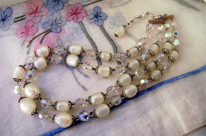 Vintage Marvella Necklace Crystal AB and White Moonglow Lucite 2 Strand 1960s image 4