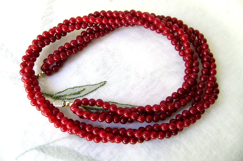 Vintage Dark Red Carnelian Necklace Natural Gemstone 3 Strand Choker image 1