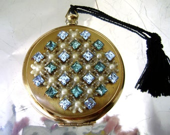 Vintage Zell Blue Rhinestone Encrusted Compact Pocket Watch Shape Solid  Brass 1940s