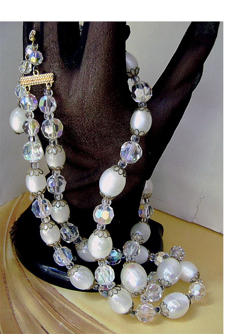 Vintage Marvella Necklace Crystal AB and White Moonglow Lucite 2 Strand 1960s image 9