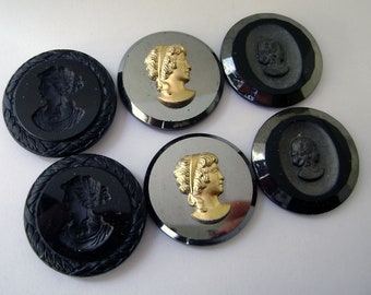 6 Vintage Black Glass Round Cameos 3 1/2cm c. 1970s New Old Stock Germany