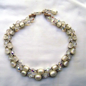 Vintage Marvella Necklace Crystal AB and White Moonglow Lucite 2 Strand 1960s image 2