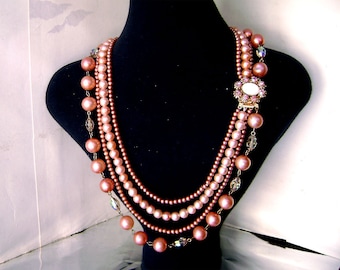 Vintage Dusty Pink Faux Pearl Bib Necklace Big Rhinestone Clasp 4 Strand 1950s