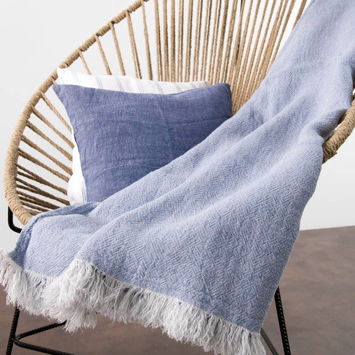 Light blue patterned linen blanket Etsy