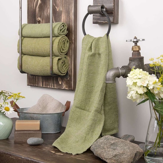 Moss Green Linen Towel. Hand, Body Towel Set. Softened Linen Beach