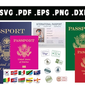 Afdrukbaar pretend Amerikaans paspoort met stempels, visa en wereldvlaggen, USA Passport Vector, silhouet, Cricut-bestand, Clipart, Graveerbaar ontwerp svg
