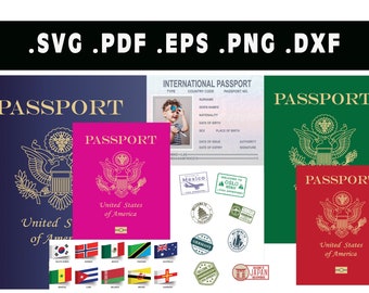 Imprimible pretender pasaporte estadounidense con visas de sellos y banderas del mundo, vector de pasaporte de EE. UU., silueta, archivo Cricut, imágenes prediseñadas, diseño cortable svg