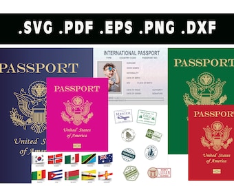 Imprimible pretender pasaporte estadounidense con visas de sellos y banderas del mundo, vector de pasaporte de EE. UU., silueta, archivo Cricut, imágenes prediseñadas, diseño cortable svg