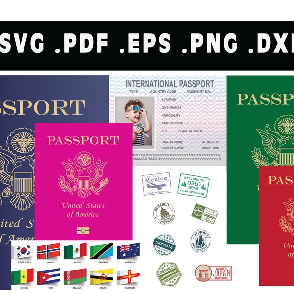 Printable Pretend US Passport with stamps visas and world flags, USA Passport Vector, Silhouette, Cricut file, Clipart, Cuttable Design svg