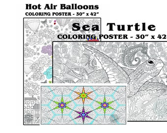 Giant Coloring Poster: Hot Air Balloons, Sea Turtle, Mandala Stars
