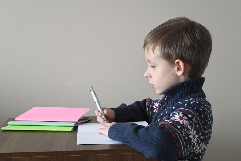 May include: A young boy wearing a blue sweater with a white snowflake pattern sits at a wooden desk, writing in a notebook with a silver pen. He has short brown hair and is looking down at his work. There are three notebooks stacked on the desk in front of him, one pink, one green, and one light green.