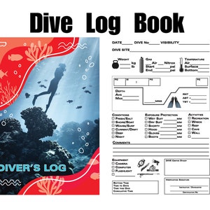 May include: A colourful dive log book with a red, white and blue cover featuring a diver in the ocean. The book includes sections for recording dive information, such as date, dive site, depth, and conditions.