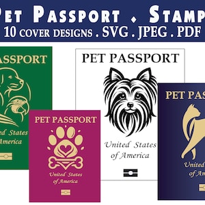 Afdrukbaar huisdier kat hondenpaspoort met stempels reizen dierenarts gezondheidsdossiers, vector, silhouet, Cricut, clipart, graveerbare ontwerp print thuis