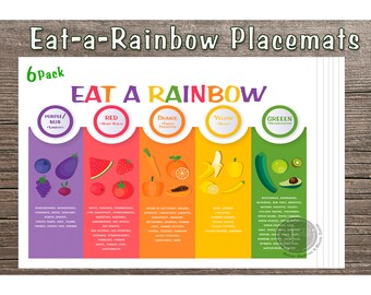 Eat the Rainbow Placemats: Laminated Kids Nutrition Mat, Montessori (6-Pack)