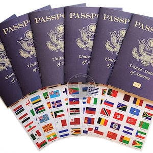 Play passports for kids, Fake Passport notebooks w/travel stickers 192 world flags, pretend play, party favors, decorations, journal