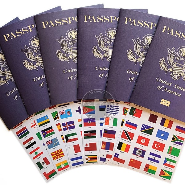 Play passports for kids, Fake Passport notebooks w/travel stickers 192 world flags, pretend play, party favors, decorations, journal