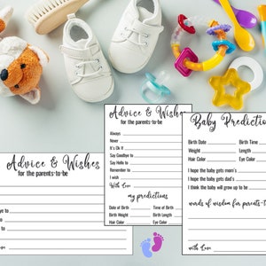Tarjetas de consejos y predicciones elegantes para baby shower para imprimir en casa / Juego imprimible de bricolaje para futuros padres / Deseos modernos para baby shower