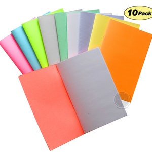 May include: A pack of 10 brightly colored notebooks. The notebooks are arranged in a fan shape, with the covers facing outward. The colors of the notebooks are pink, light blue, neon green, light gray, light green, light purple, yellow, orange, and white. The text "10 Pack" is printed on a white label in the upper right corner of the image.