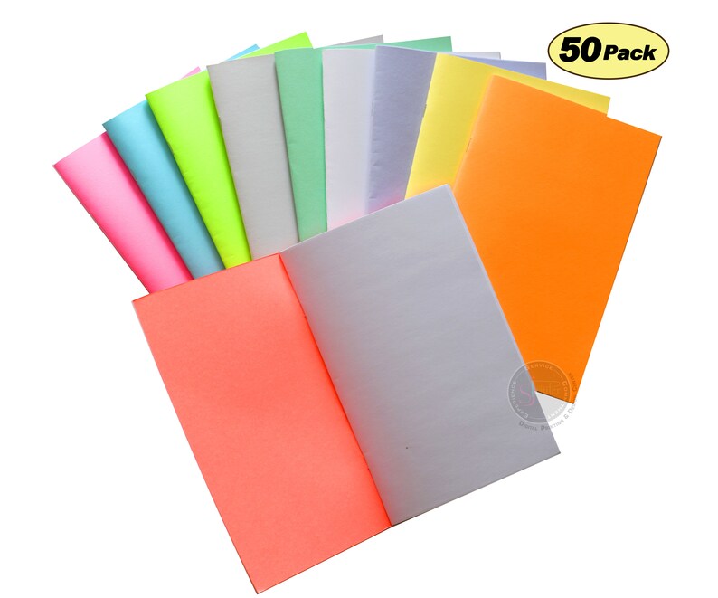 May include: A pack of 50 brightly colored paper notebooks. The notebooks are arranged in a fan shape, with the covers facing outward. The colors include pink, light blue, neon green, light gray, light green, lavender, yellow, and orange.