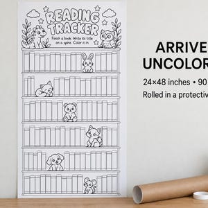 May include: A black and white reading tracker poster measuring 24x48 inches with 90 book spines to color. The design features a bookshelf with illustrations of a dinosaur, owl, rabbit, cat, bear, fox, dog, and mouse. Text reads READING TRACKER.