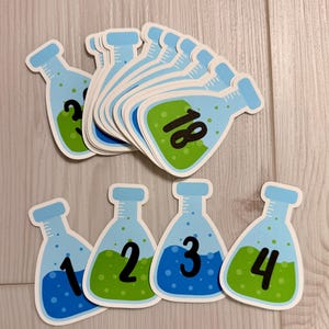 May include: A collection of die-cut stickers shaped like laboratory flasks. Each flask features a light blue neck and a base filled with green or blue liquid, decorated with small dots. Black numbers are printed on the front of each flask.