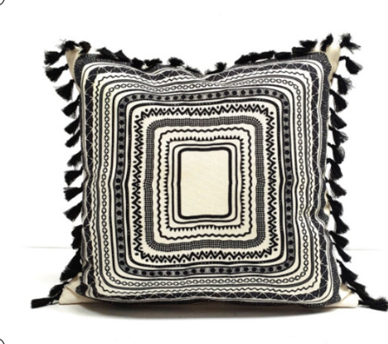 Black&White Bohemian Pillow Cover Ethnic Tassel Pillow Etsy