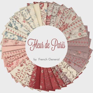 May include: A circular arrangement of fabric squares in various floral patterns and colors, including red, pink, cream, and blue. The text "Fleur de Paris by French General" is displayed in a white circle in the center.