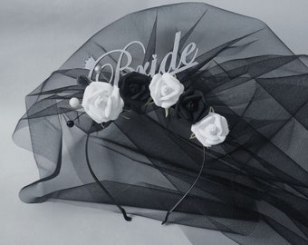 Black and white bachelorette party Bride to be headband with veil Gothic bridal shower Halloween party White and black bachelorette crown