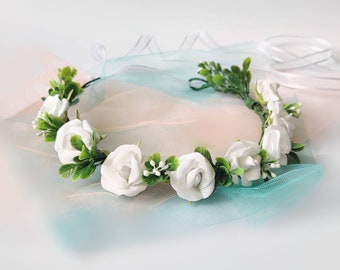 White Rose Flower Crown: Classic Wedding, First Communion wreath