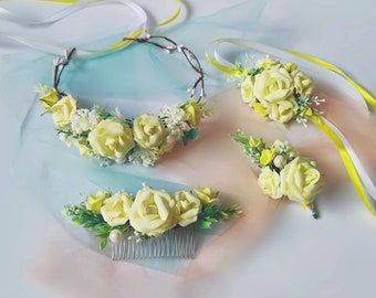 Lemon Yellow Rose Flower Crown, Corsage, and Hair Comb Set