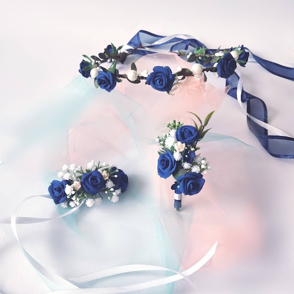 Navy flower crown blue bridal wedding wreath flower girl crown navy hair piece blue boutonniere navy blue bridesmaid headpiece blue white