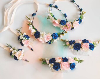 Navy Blue Blush Pink Flower Crown, Wedding Prom Hair Piece, Flower girl wreath