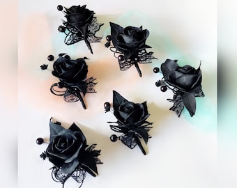 Black gothic boutonniere, Halloween goth wedding, Black rose lapel pin for prom