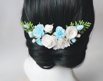 Flower hair comb blue wedding hair pins prom hair comb blue bridesmaid hair pin light blue bridal hair pins something blue tiny hair flowers