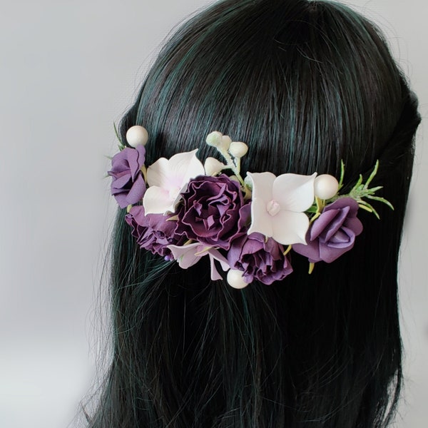 Plum wedding flower hair comb boutonniere dark purple eggplant hair piece bridal hair comb purple and green floral comb flower hair piece