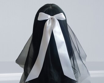 Black Wedding Veil with White Bow: Gothic Bachelorette Headband
