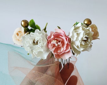 Blush Pink Peony Flower Hair Comb, Bridal Headpiece