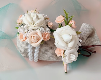 Ivory Corsage and Boutonniere Set, Wedding Flowers, Prom Flower Bracelet