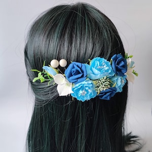 Flower hair comb navy wedding hair piece blue and white floral pins bridesmaid hair flower navy hair pin Prom flower head piece