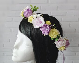 Purple & Yellow Flower Crown: Bridal, Flower Girl, Photo Shoot